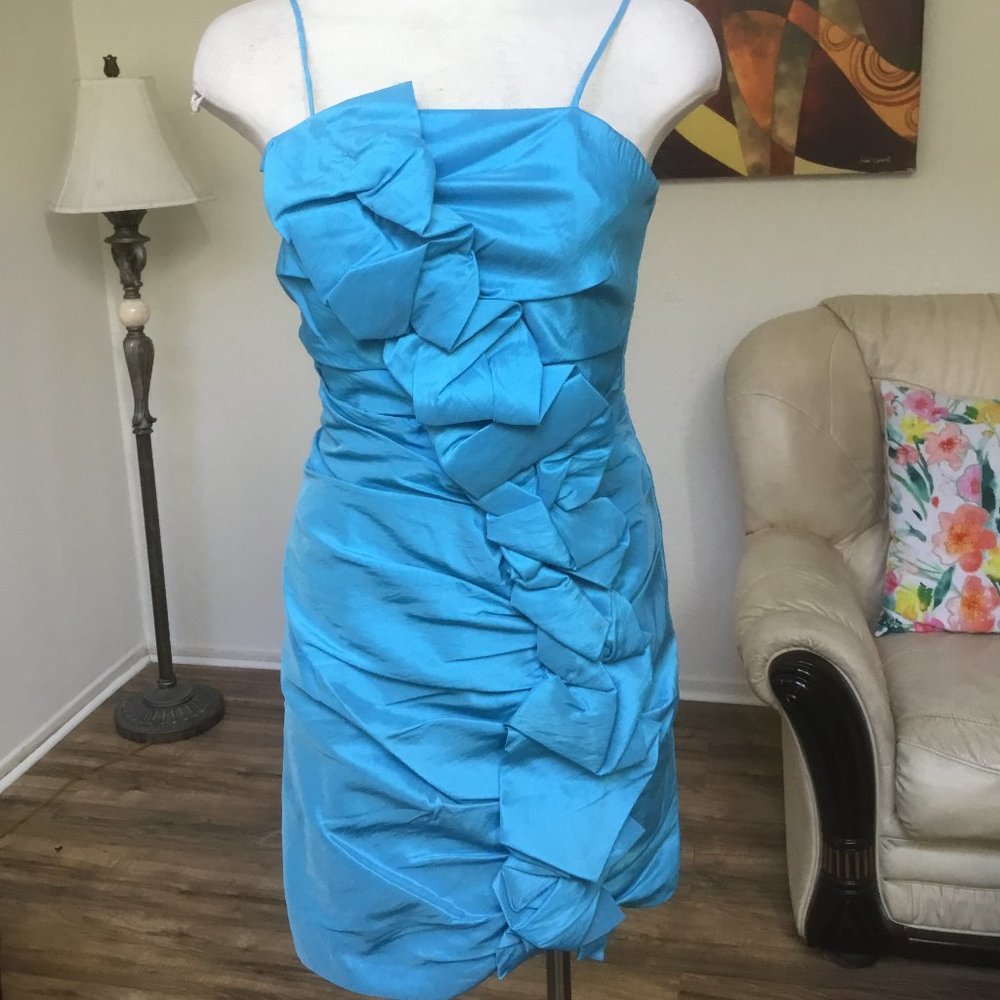 LET'S Fashion Ruched Short Dress Taffeta Spaghetti Straps Ruffled  Formal XS